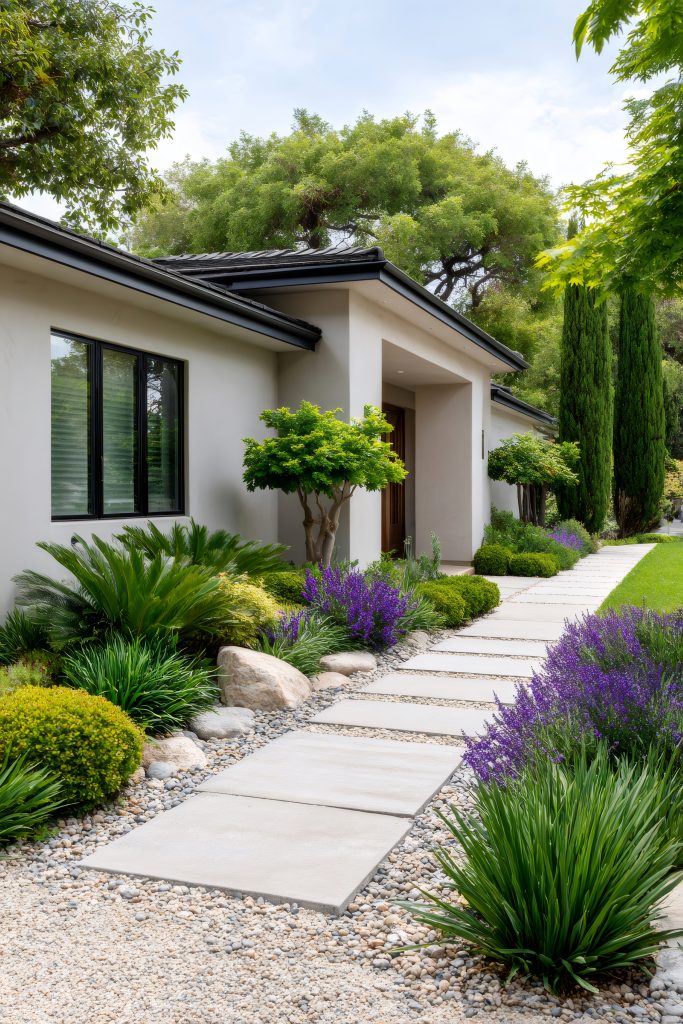 modern house garden path with lavender planting photo